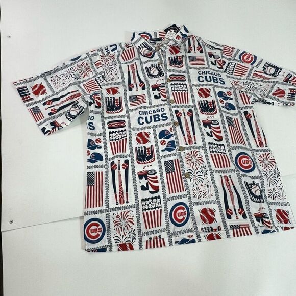 Reyn Spooner Shirt Mens Large Baseball Print Chicago Cubs Americana Hawaiian New - Picture 1 of 10